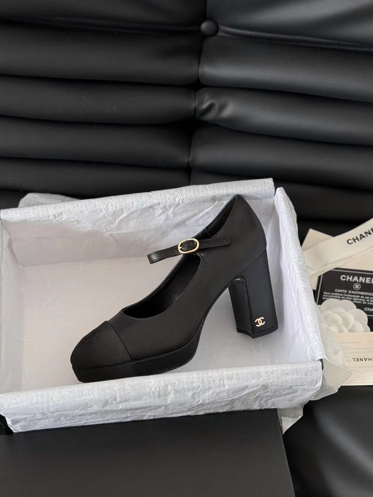 CHANEL MARY JANE HIGH HEEL 9.5 BLACK CALFSKIN