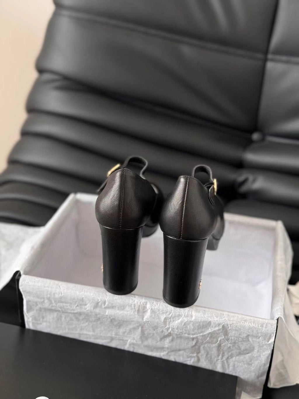 CHANEL MARY JANE HIGH HEEL 9.5 BLACK CALFSKIN