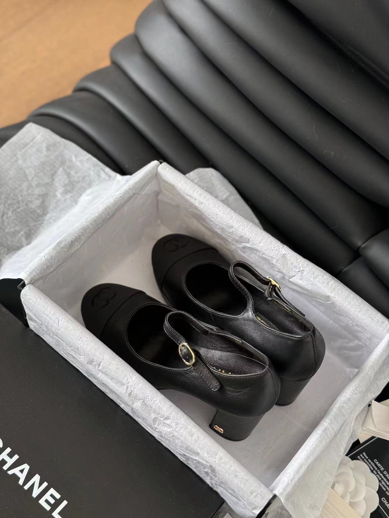 CHANEL MARY JANE HIGH HEEL 9.5 BLACK CALFSKIN