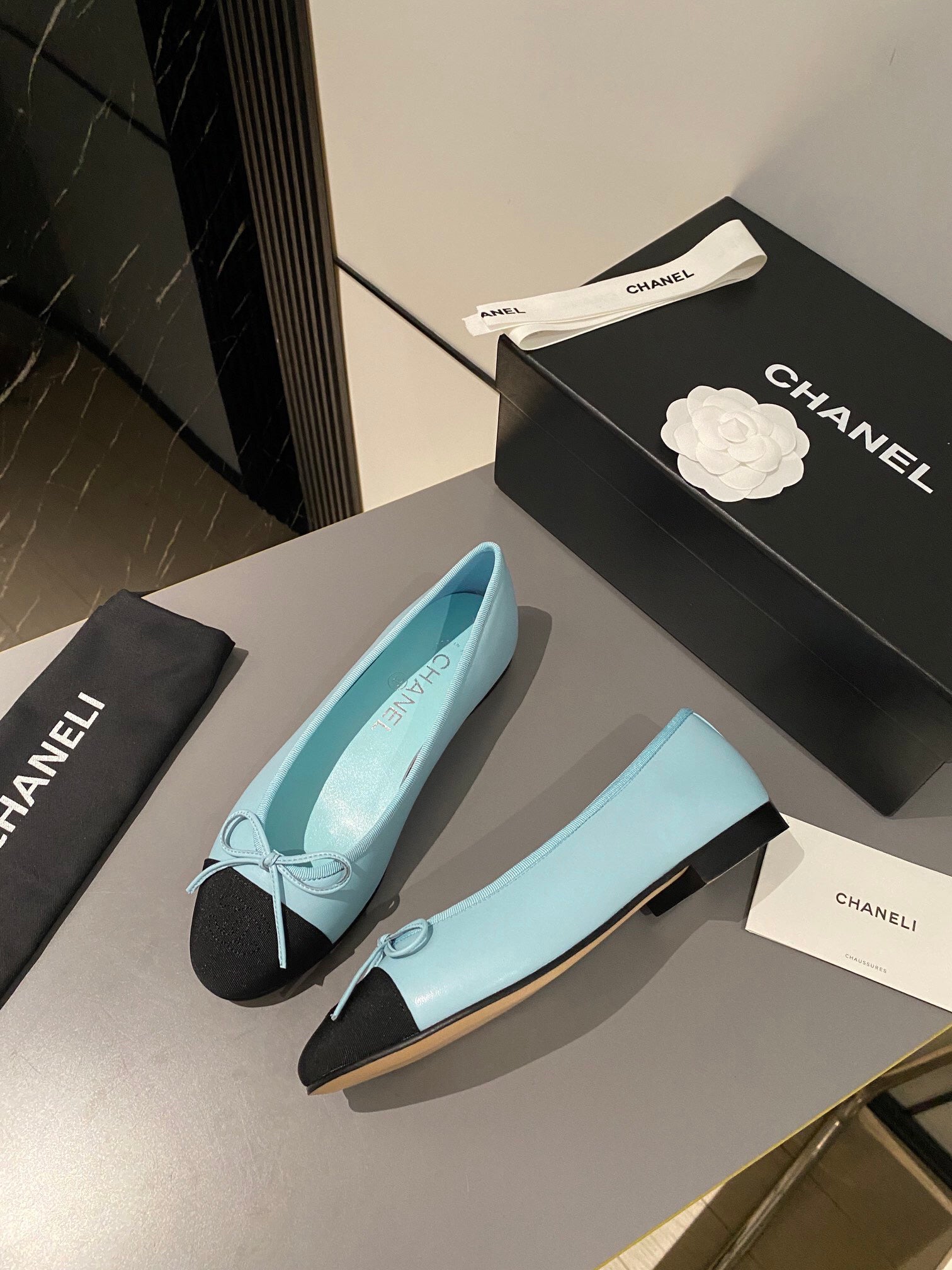 CHANEL BALLET FLATS LIGHT BLUE BLACK LAMBSKIN