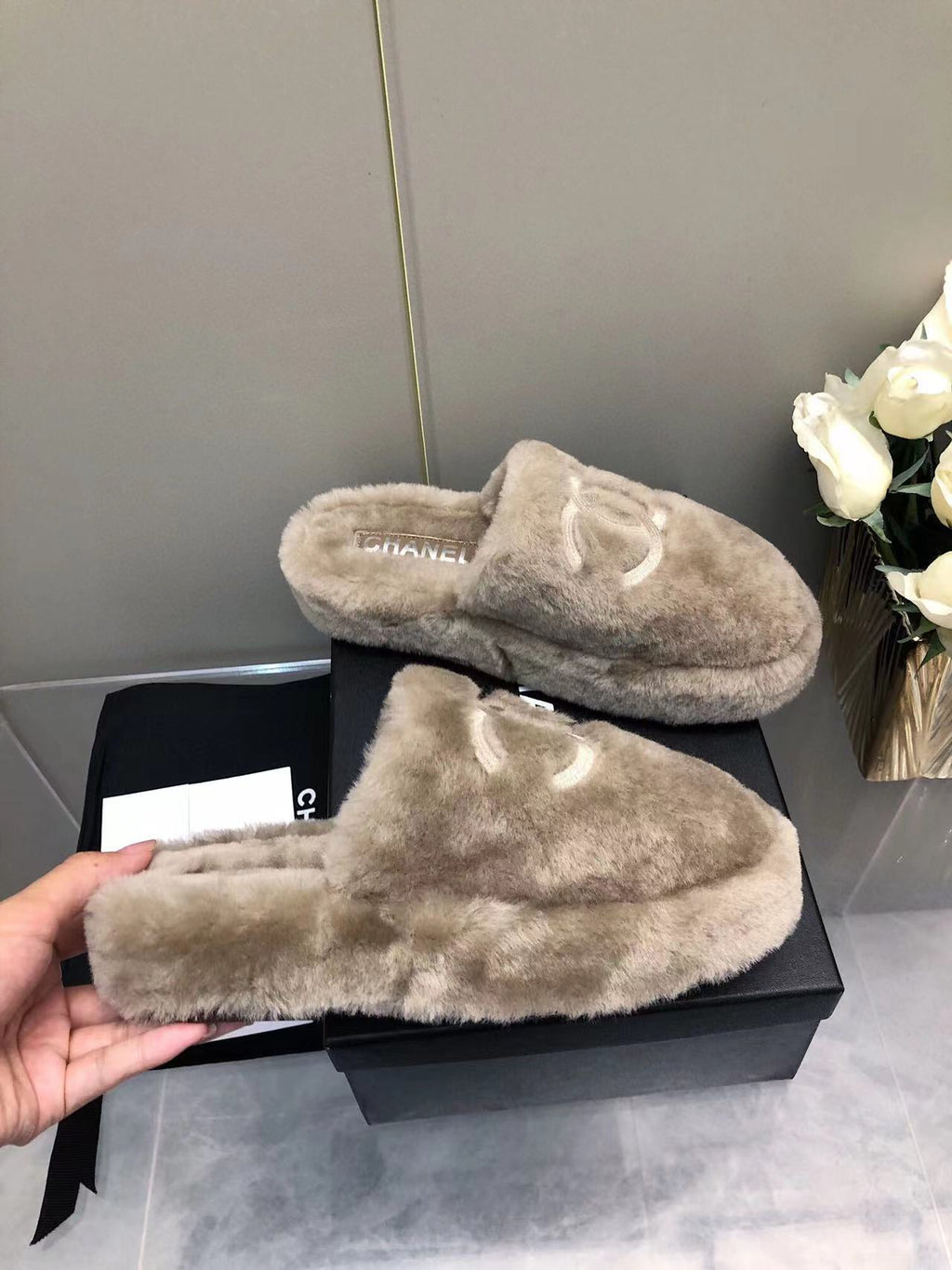 CHANEL Fluffy Slippers Slides Gray