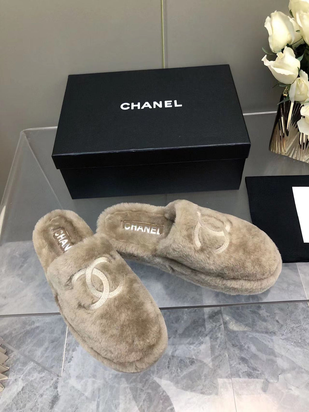 CHANEL Fluffy Slippers Slides Gray