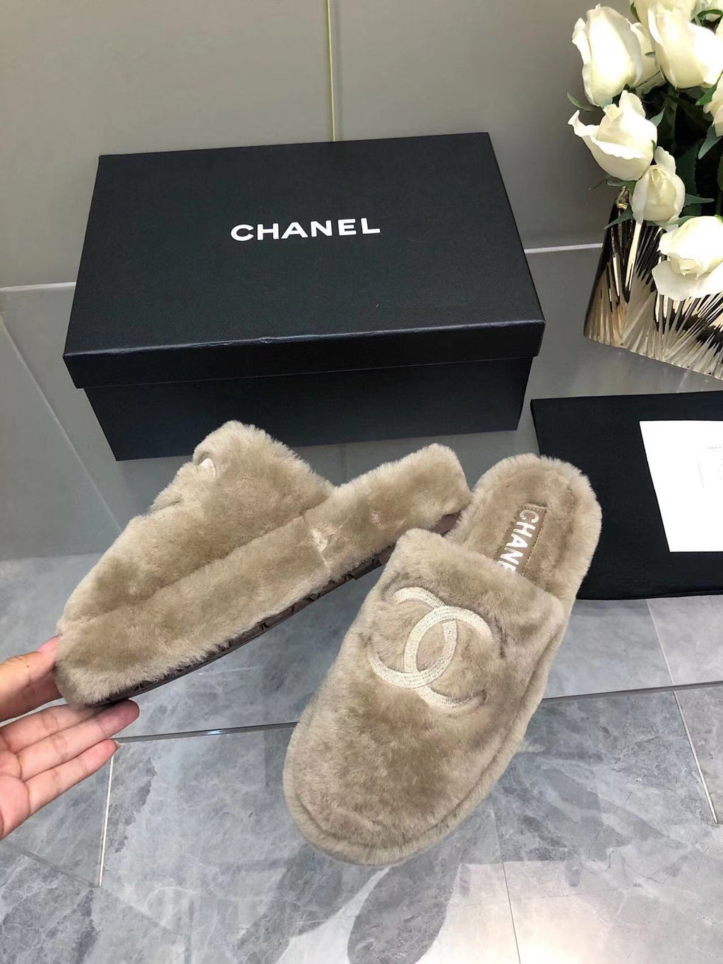 CHANEL Fluffy Slippers Slides Gray