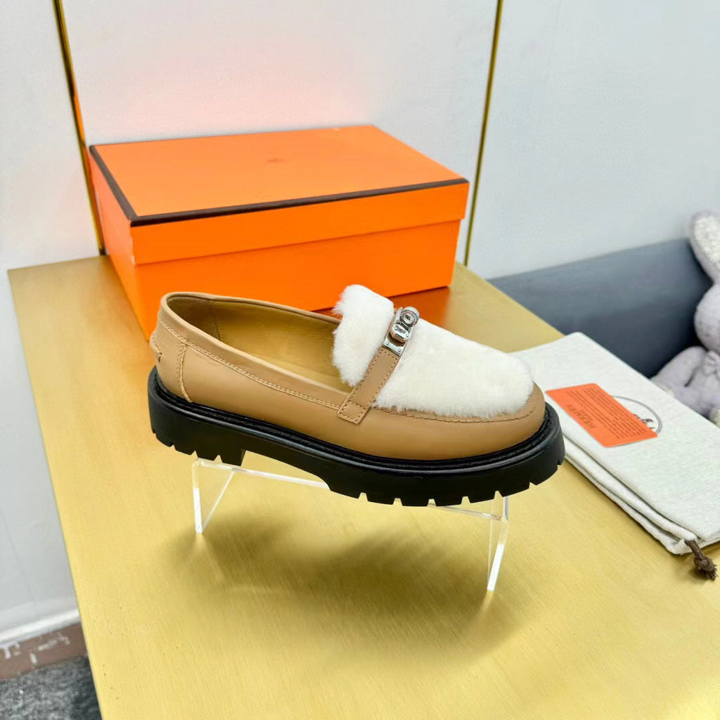 HERMES ICONE LOAFER CALFSKIN AND SHEARLING MUSTARD
