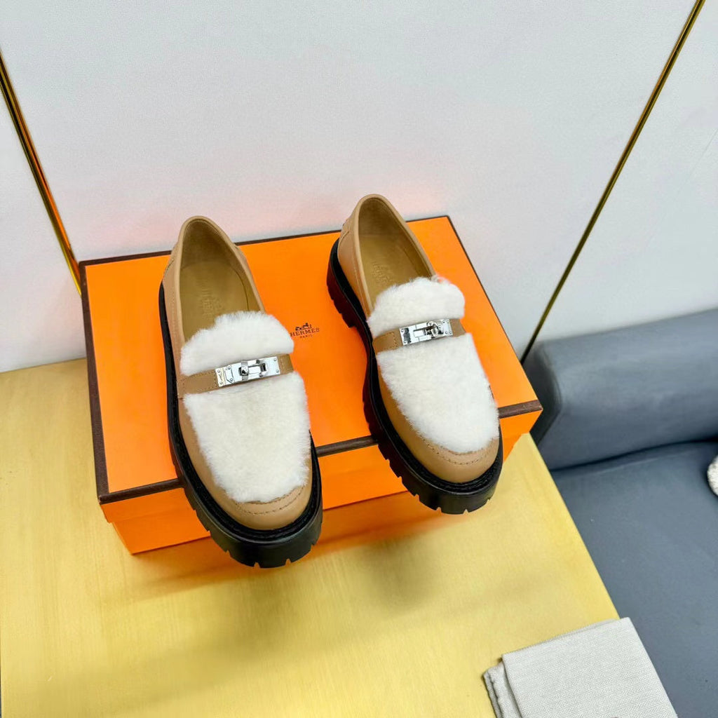HERMES ICONE LOAFER CALFSKIN AND SHEARLING MUSTARD