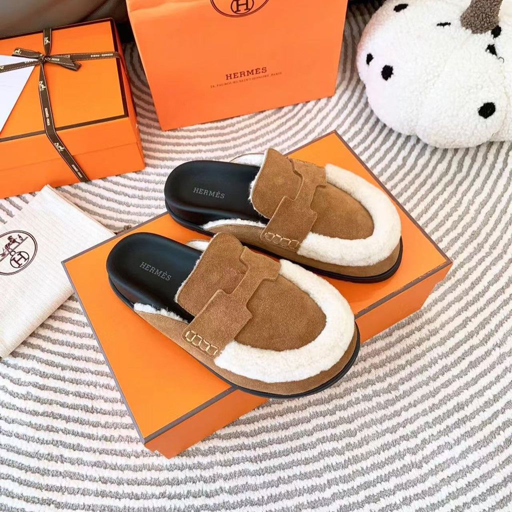 HERMES G0 MULE BROWN SUEDE SHEARLING