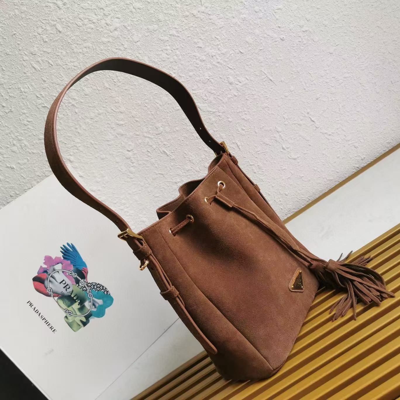 PRADA BUCKET BAG 21 IN BROWN SUEDE
