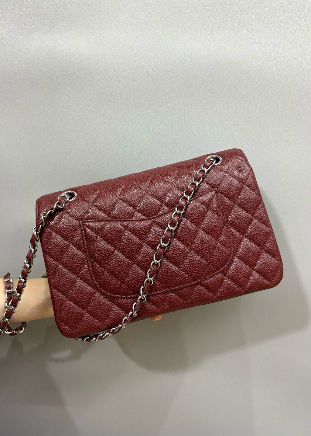 CHANEL FLAP BAG 25 IN WINE CAVIAR LAMBSKIN SILVER HARDWARE