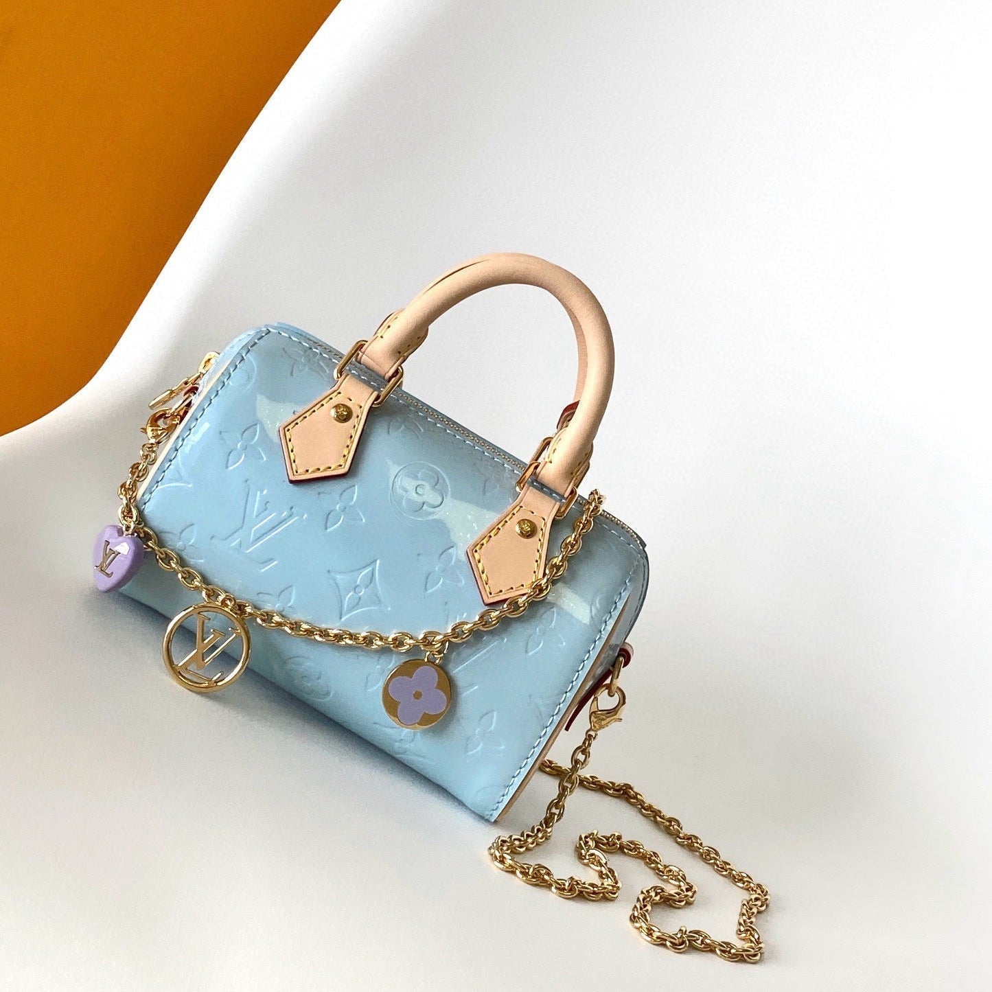 LOUIS VUITTON NANO SPEEDY 16 IN PASTEL MONOGRAM VERNIS GOLD HARDWARE