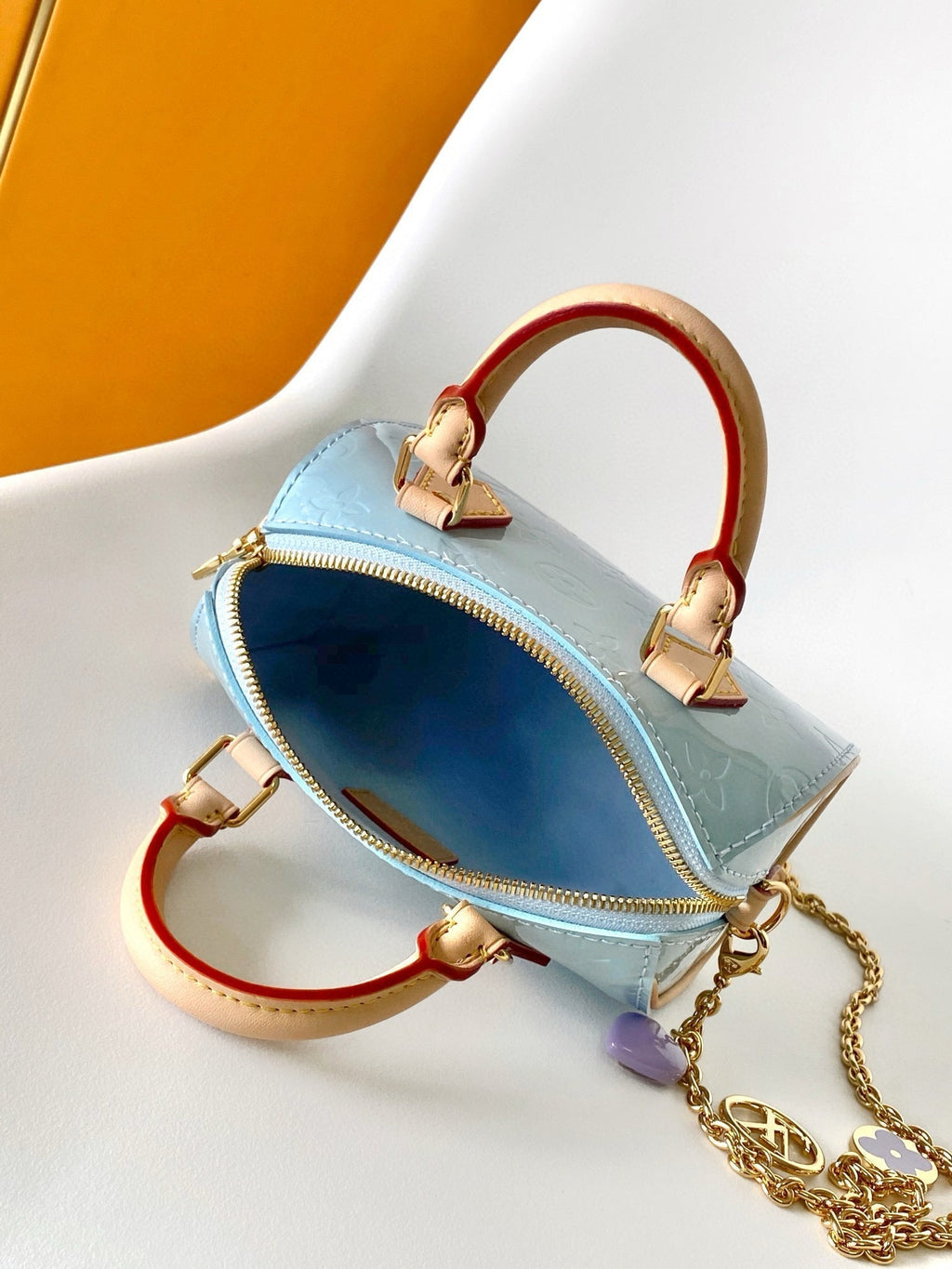 LOUIS VUITTON NANO SPEEDY 16 IN PASTEL MONOGRAM VERNIS GOLD HARDWARE