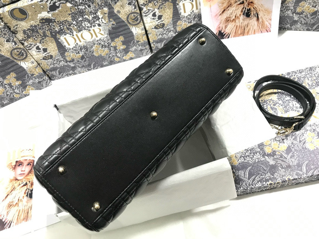 DIOR LARGE 32 LADY BAG IN BLACK LAMBSKIN WITH GOLD HARDWARE