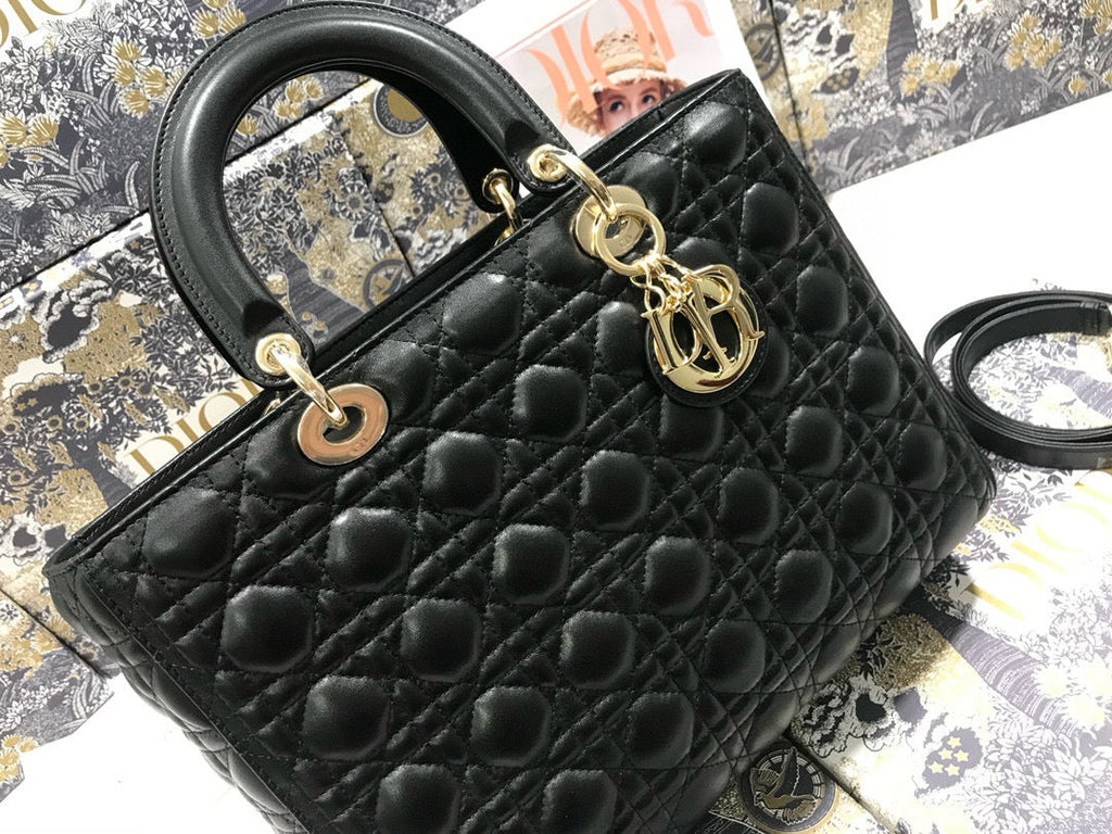 DIOR LARGE 32 LADY BAG IN BLACK LAMBSKIN WITH GOLD HARDWARE