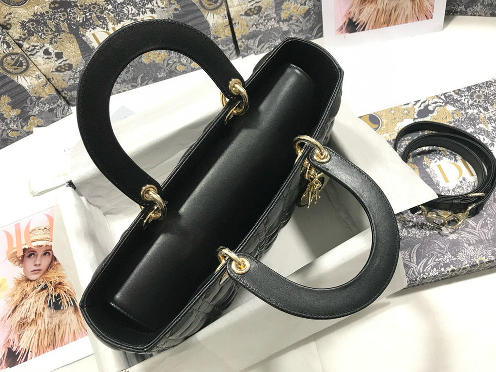 DIOR LARGE 32 LADY BAG IN BLACK LAMBSKIN WITH GOLD HARDWARE