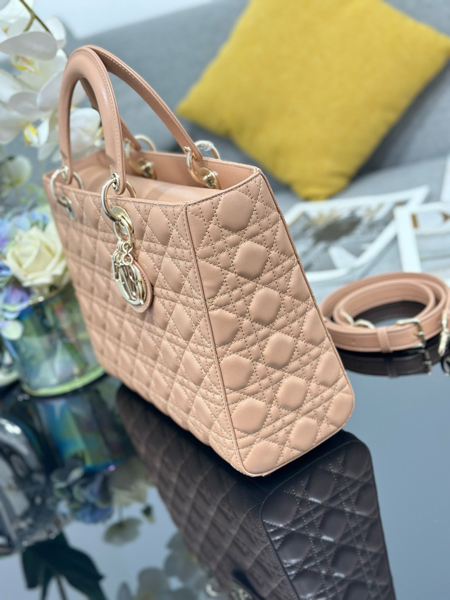 DIOR LARGE 32 LADY BAG IN PEACE LAMBSKIN WITH GOLD HARDWARE