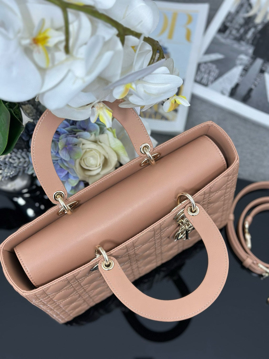 DIOR LARGE 32 LADY BAG IN PEACE LAMBSKIN WITH GOLD HARDWARE