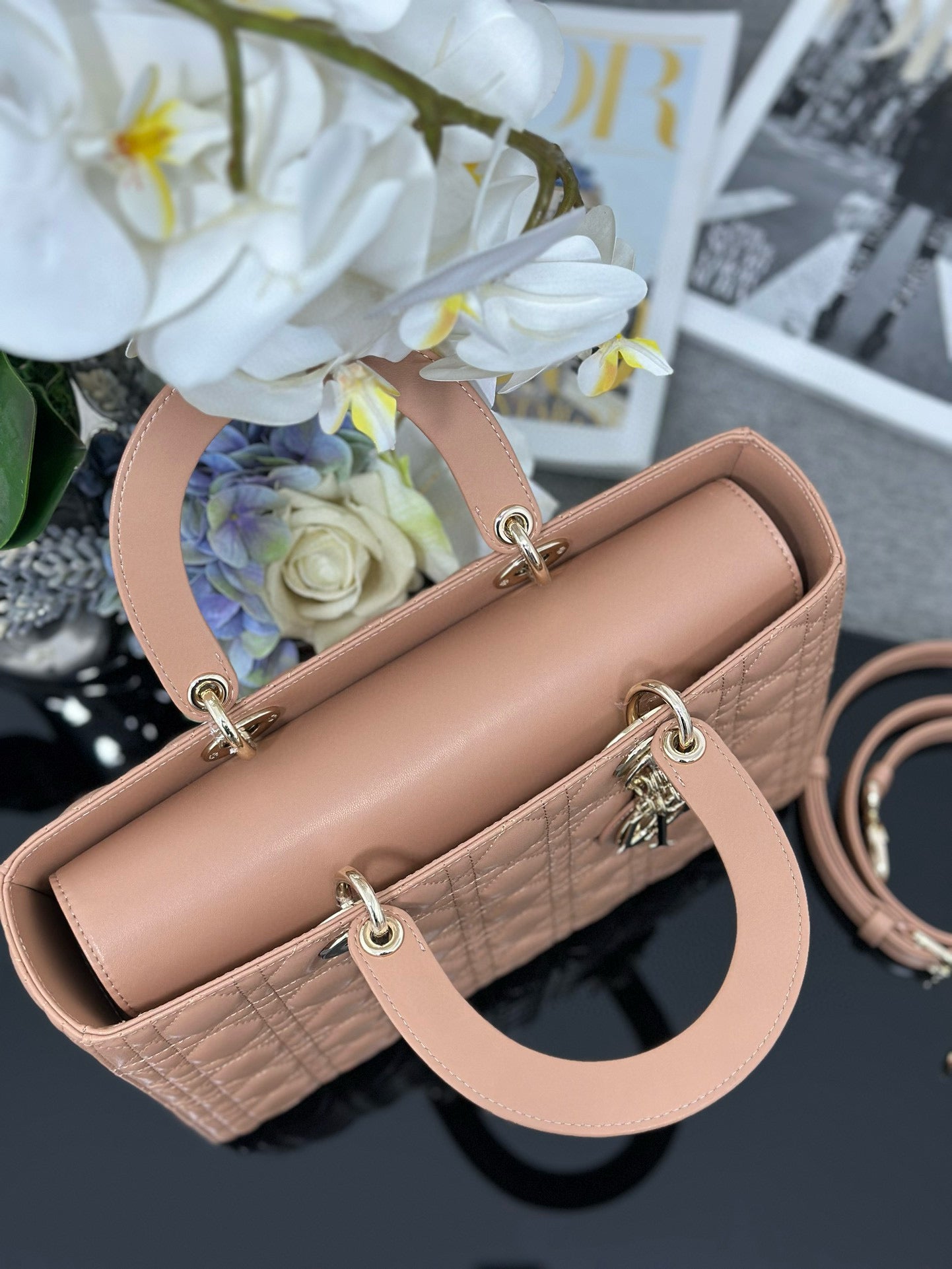 DIOR LARGE 32 LADY BAG IN PEACE LAMBSKIN WITH GOLD HARDWARE