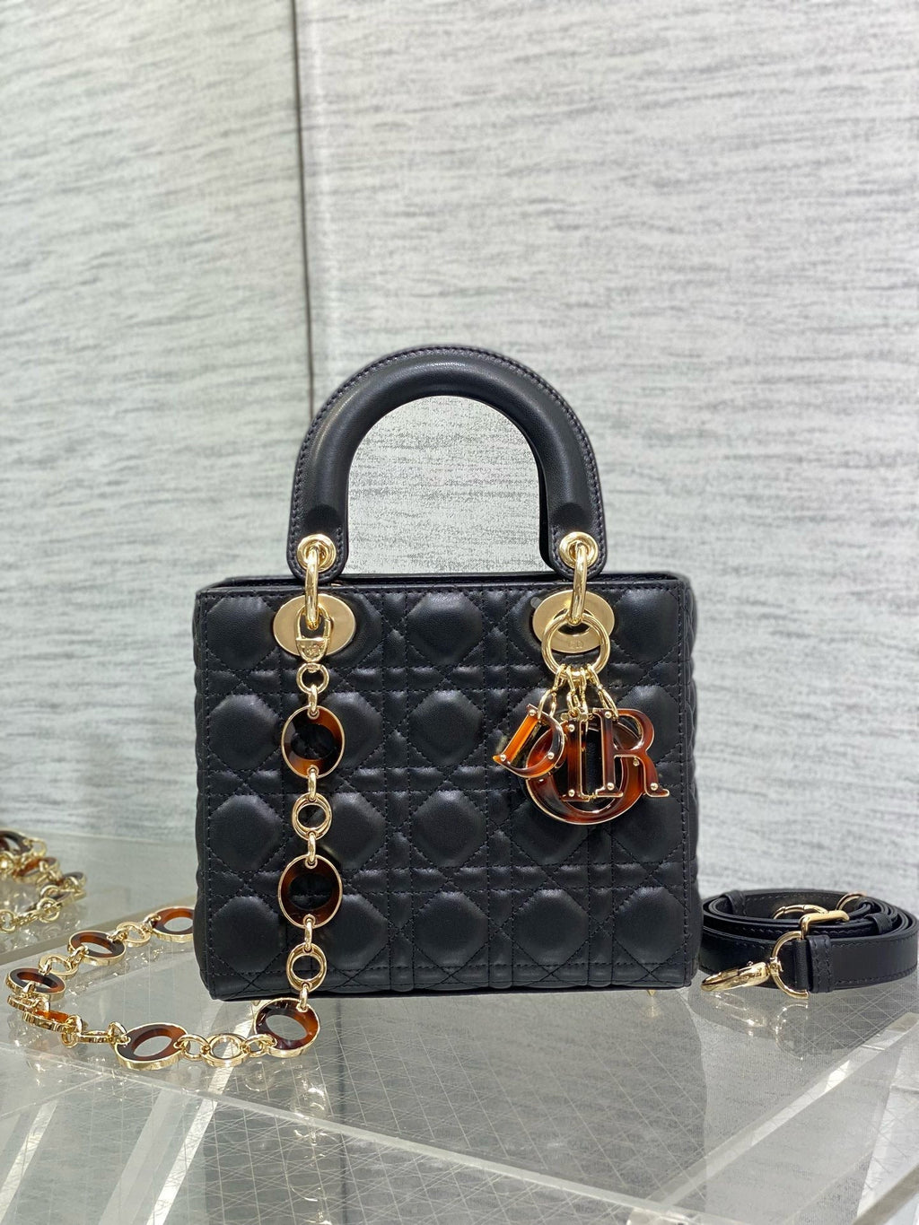DIOR SMALL 20 LADY BAG IN BLACK MACROCANNAGE LAMBSKIN WITH GOLD HARDWARE
