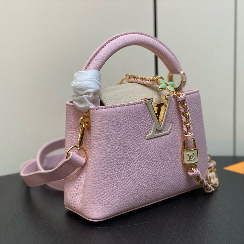 LOUIS VUITTON CAPUCINES MINI 21 IN LIGHT PINK TAURILLON LOVELOCK GOLD HARDWARE