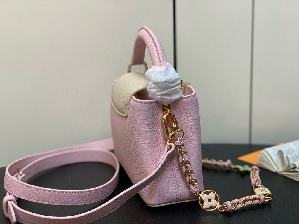 LOUIS VUITTON CAPUCINES MINI 21 IN LIGHT PINK TAURILLON LOVELOCK GOLD HARDWARE