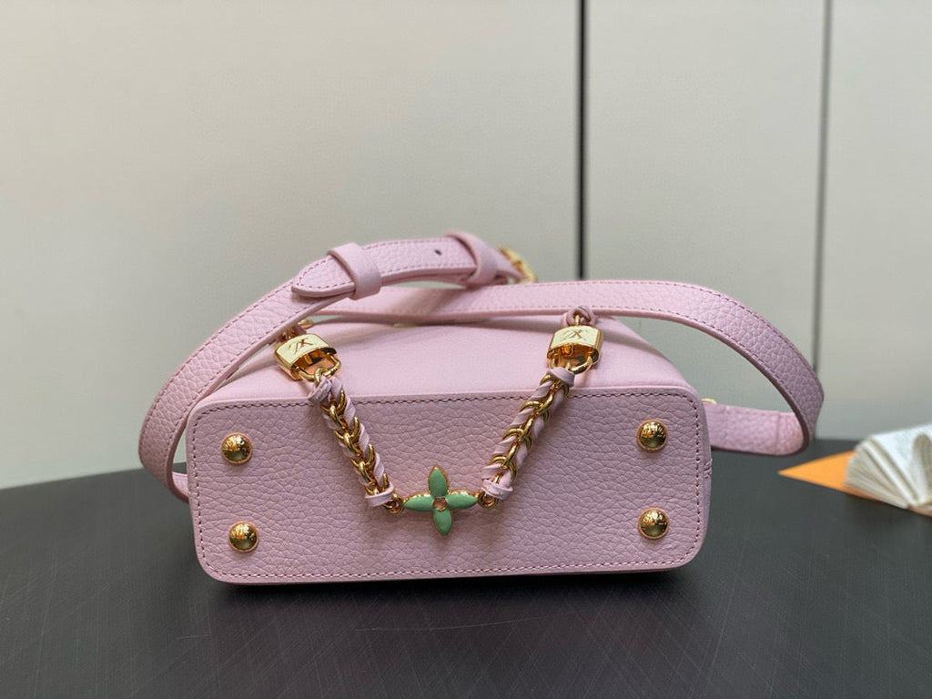 LOUIS VUITTON CAPUCINES MINI 21 IN LIGHT PINK TAURILLON LOVELOCK GOLD HARDWARE