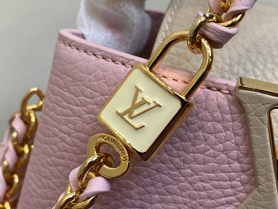 LOUIS VUITTON CAPUCINES MINI 21 IN LIGHT PINK TAURILLON LOVELOCK GOLD HARDWARE