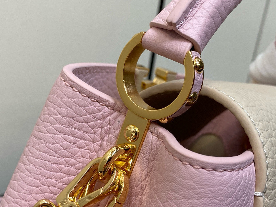 LOUIS VUITTON CAPUCINES MINI 21 IN LIGHT PINK TAURILLON LOVELOCK GOLD HARDWARE
