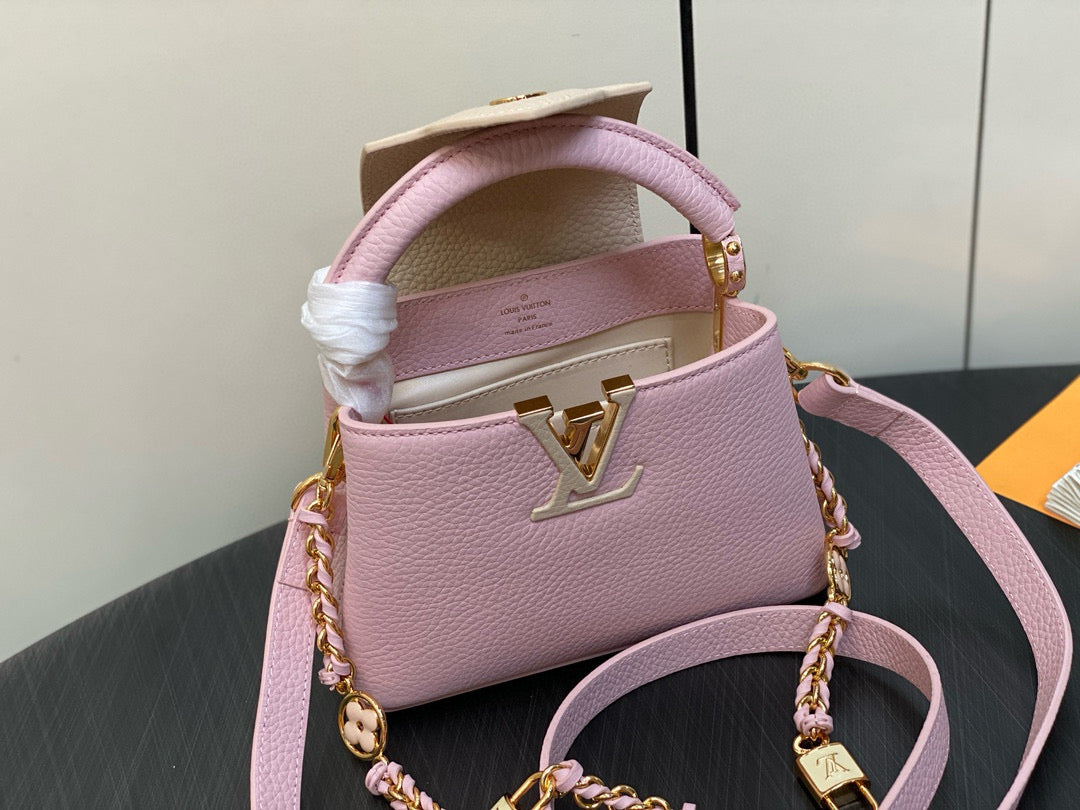 LOUIS VUITTON CAPUCINES MINI 21 IN LIGHT PINK TAURILLON LOVELOCK GOLD HARDWARE