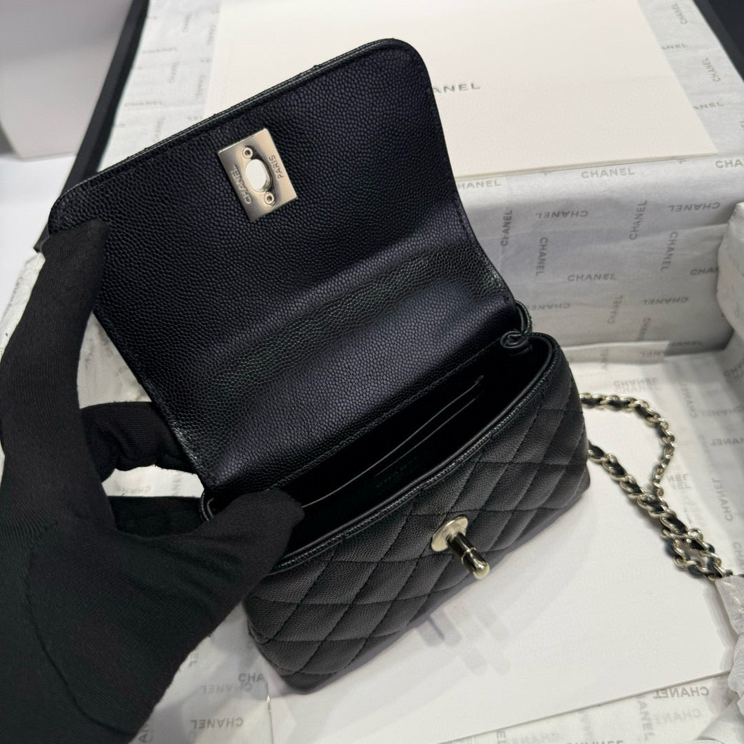 CHANEL MINI FLAP BAG 14 IN BLACK GRAINED CALFSKIN GOLD HARDWARE