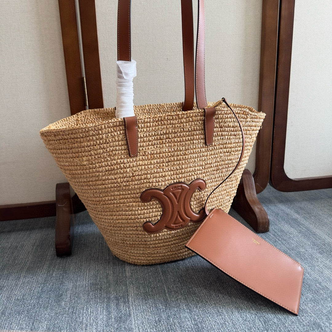 CELINE MEDIUM SUPPLE  CLASSIC PANIER IN RAFFIA AND CALFSKIN