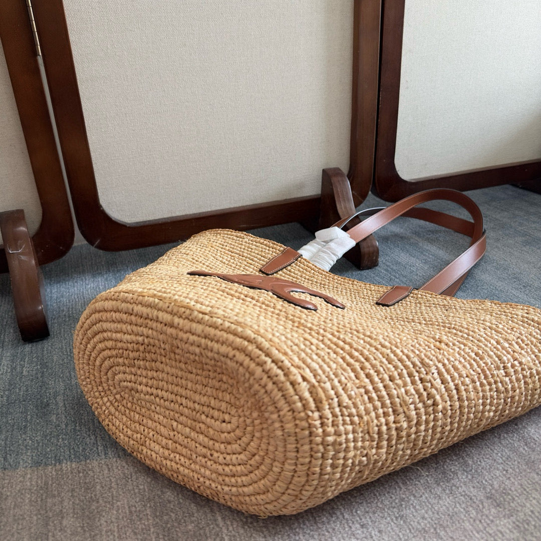 CELINE MEDIUM SUPPLE  CLASSIC PANIER IN RAFFIA AND CALFSKIN