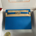 HERMES KELLY DANSE 22 EVERCOLOR BLUE IN CALFSKIN SLIVER HARDWARE