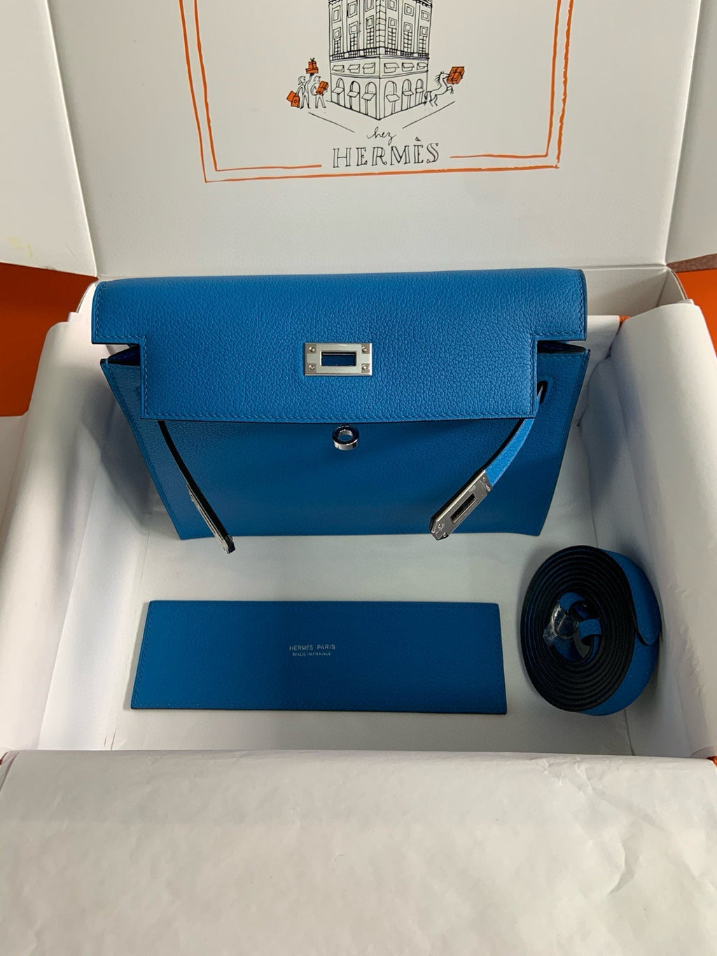 HERMES KELLY DANSE 22 EVERCOLOR BLUE IN CALFSKIN GOLD HARDWARE