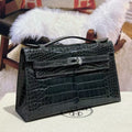 HERMES KELLY MINI 22 IN BLACK AMERICAN ALLIGATOR SILVER BUCKLE