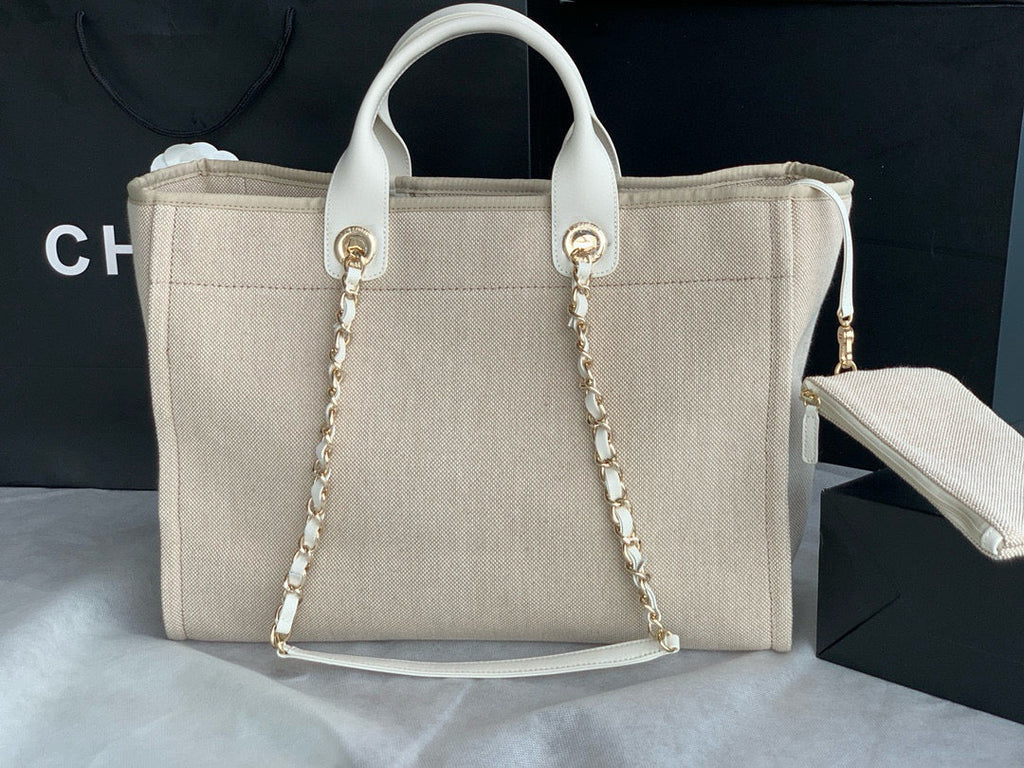 CHANEL SHOPPING BAG 38 IN BEIGE AND WHITE CANVAS