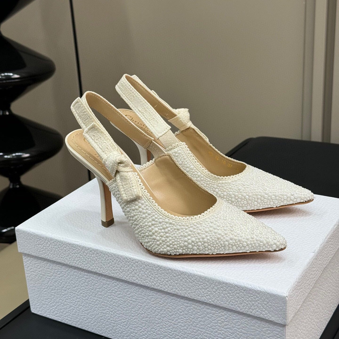 DIOR J'A POINTED TOE SLINGBACK PUMPS IN WHITE BEADED FABRIC