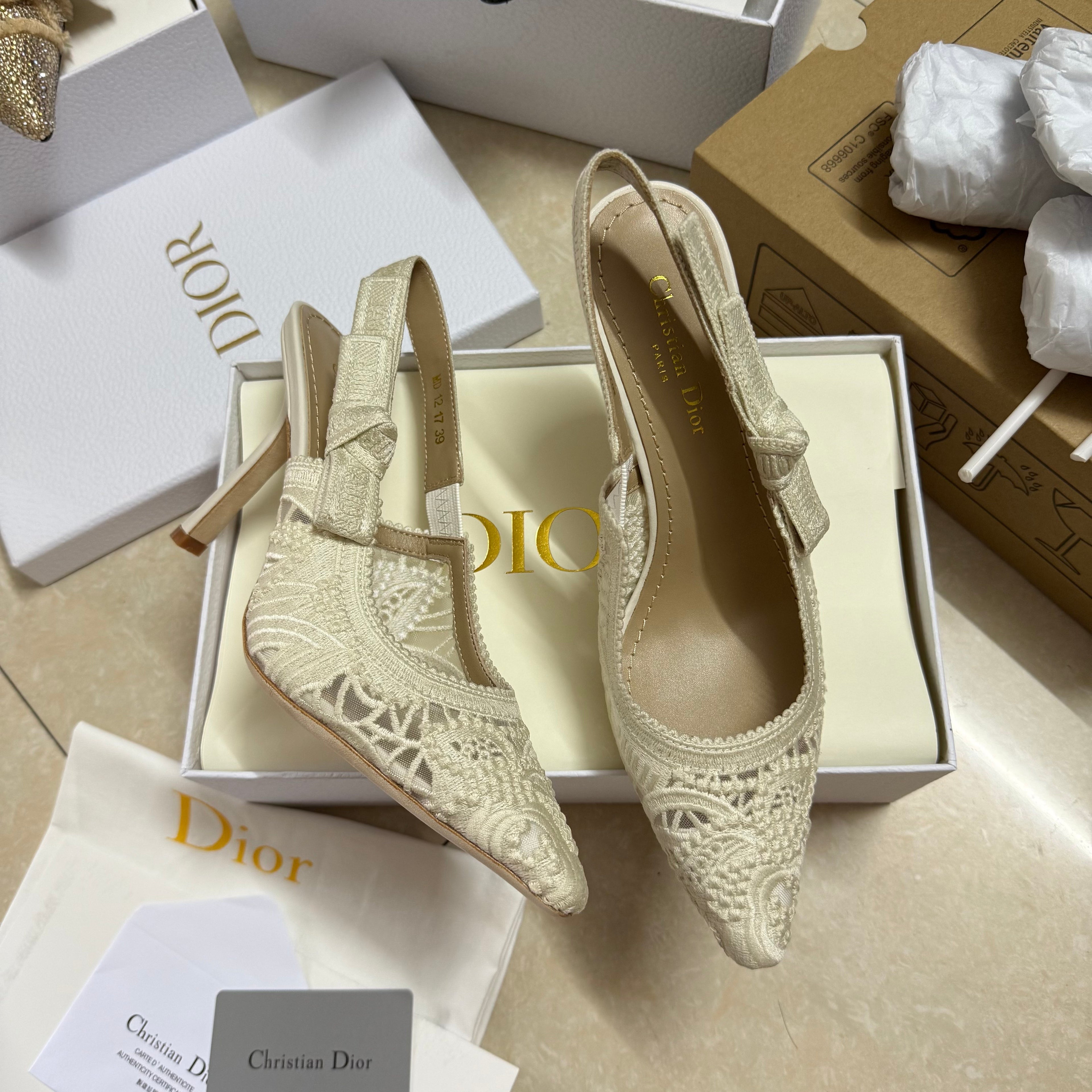 DIOR J'A SLINGBACK PUMPS IN IVORY WHITE EMBROIDERED LACE