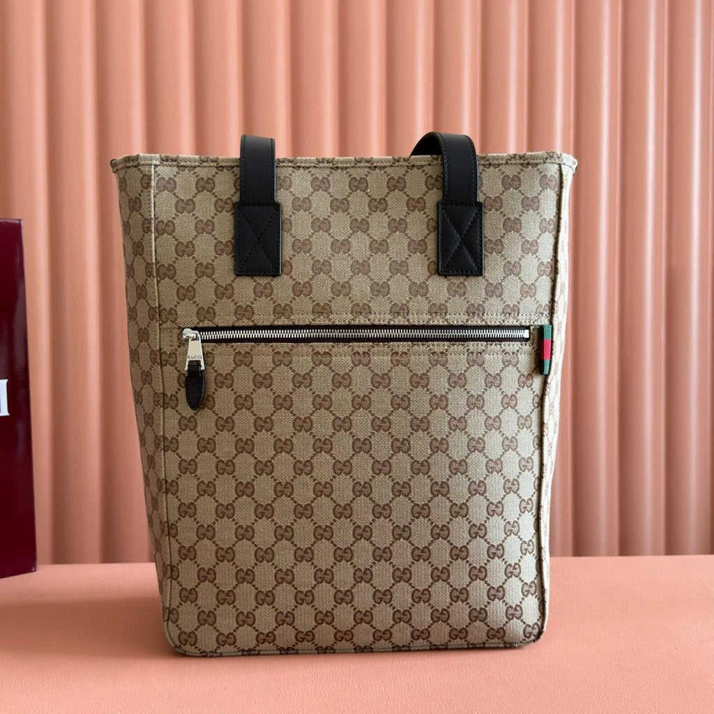 GUCCI OPHIDIA FRONT ZIP POCKET TOTE BAG 36 IN BEIGE AND BROWN CANVAS