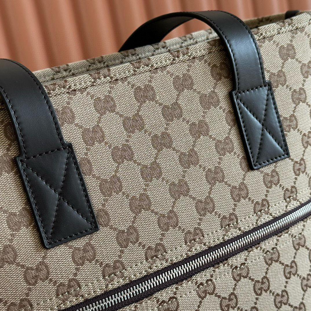 GUCCI OPHIDIA FRONT ZIP POCKET TOTE BAG 36 IN BEIGE AND BROWN CANVAS