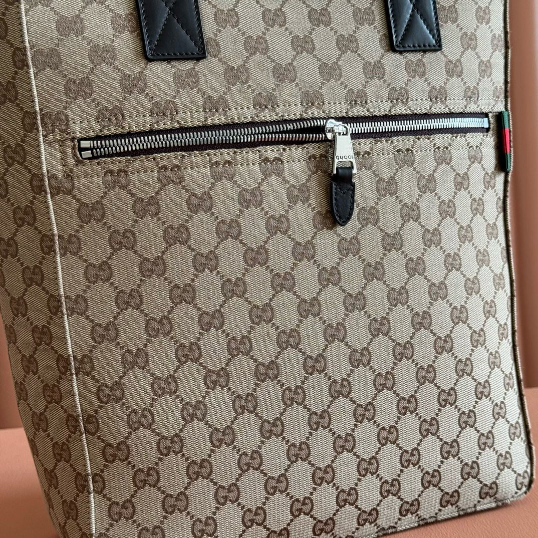 GUCCI OPHIDIA FRONT ZIP POCKET TOTE BAG 36 IN BEIGE AND BROWN CANVAS