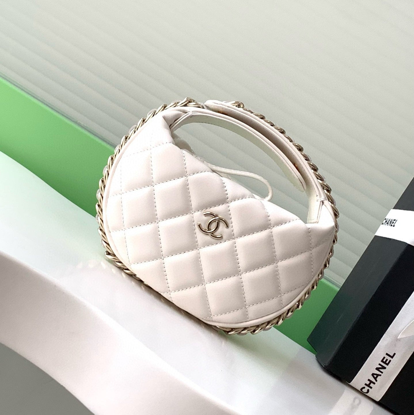 CHANEL MINI HOBO BAG 16 IN WHITE LAMBSKIN