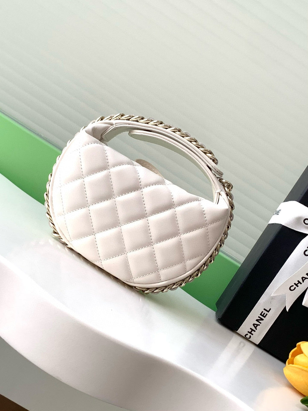 CHANEL MINI HOBO BAG 16 IN WHITE LAMBSKIN
