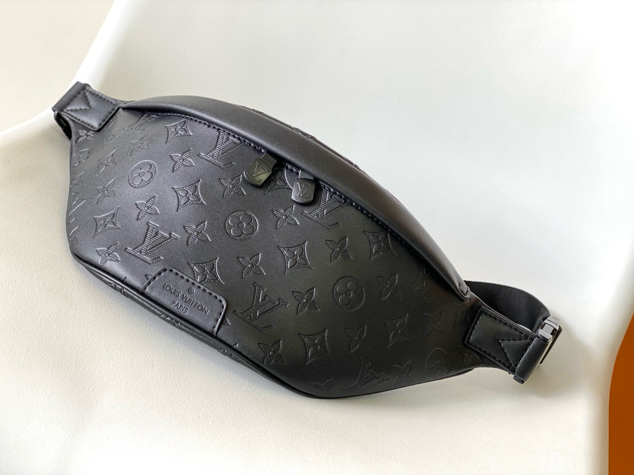 LOUIS VUITTON LV BELT BAG 44 IN BLACK EMBOSSED MONOGRAM CALFSKIN