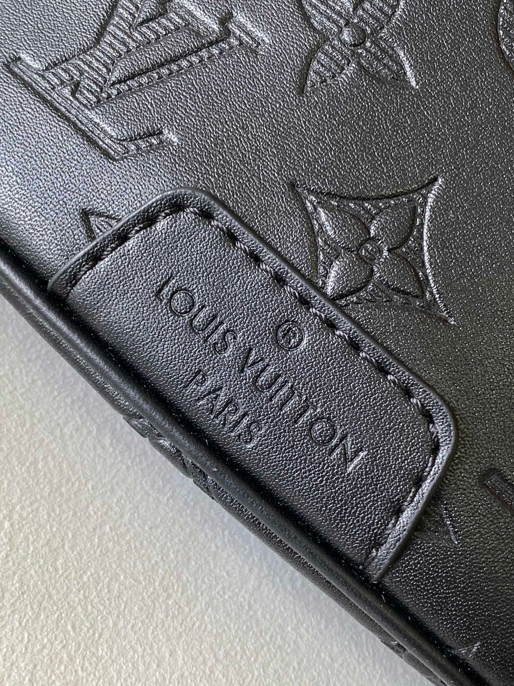 LOUIS VUITTON LV BELT BAG 44 IN BLACK EMBOSSED MONOGRAM CALFSKIN