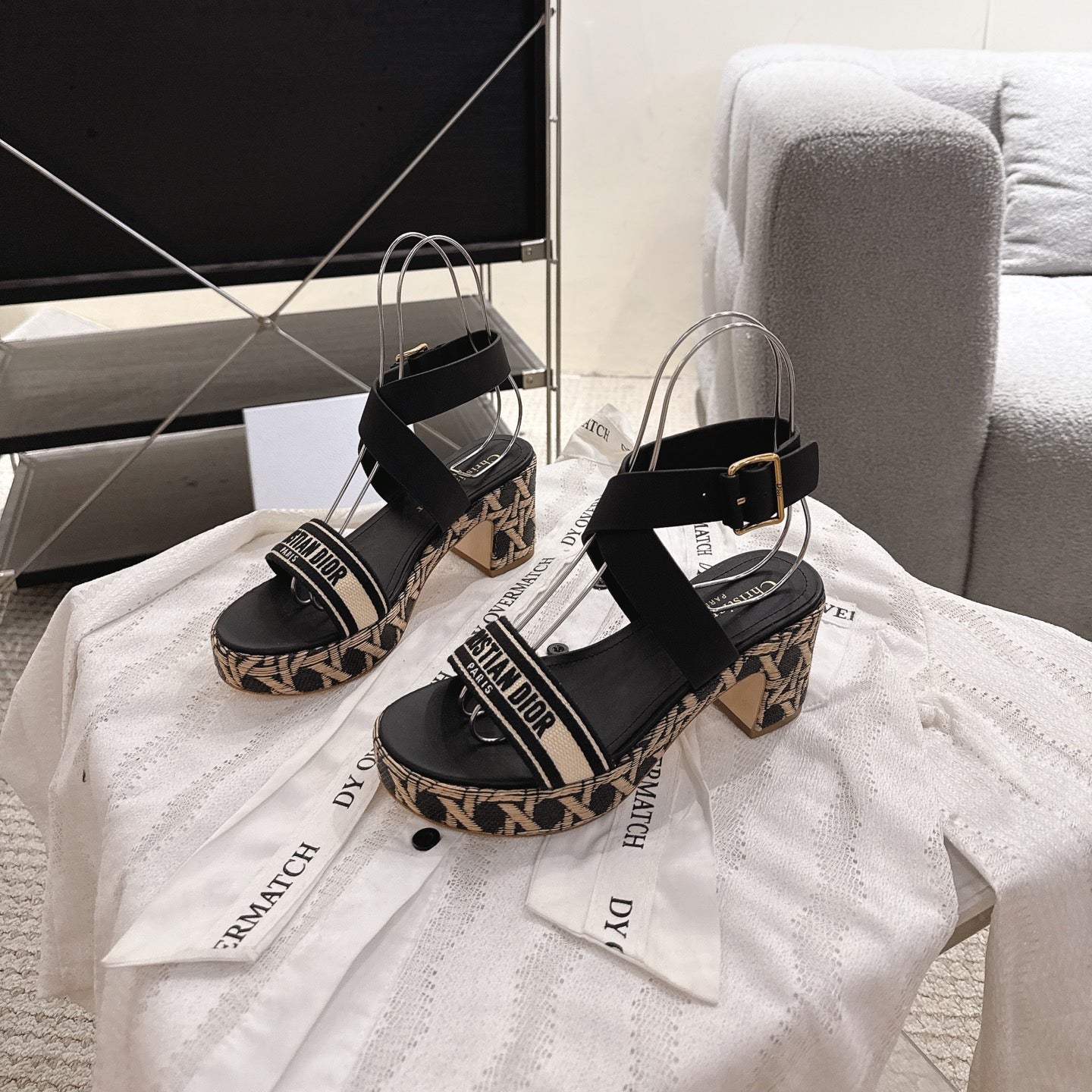 DIOR ACT SANDALS IN BLACK AND BEIGE EMBROIDERY AND CALFSKIN