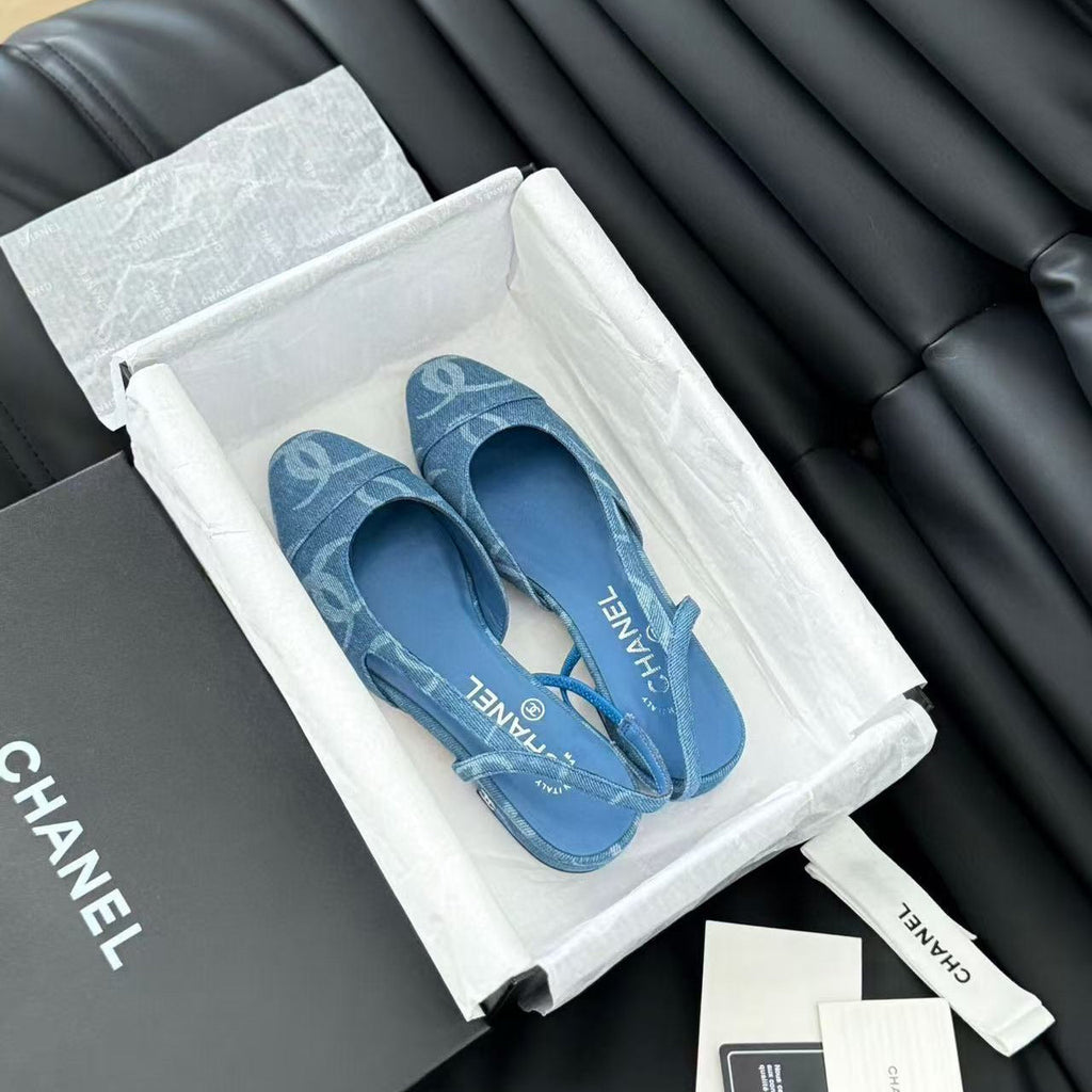 CHANEL FLAT SLINGBACK IN LIGHT BLUE DENIM