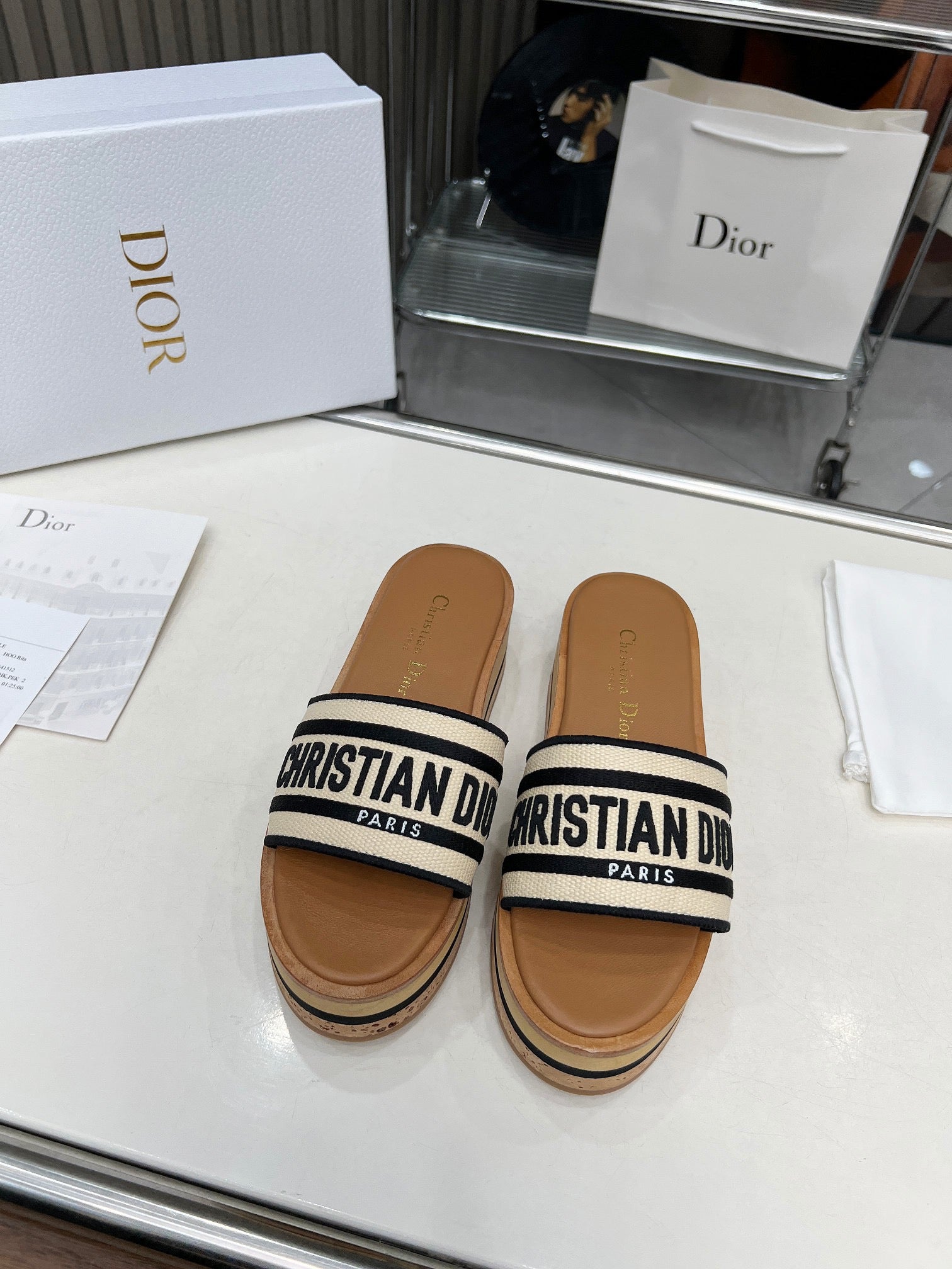 DIOR CD PLATFORM SLIDES IN BEIGE MIX BROWN CANVAS