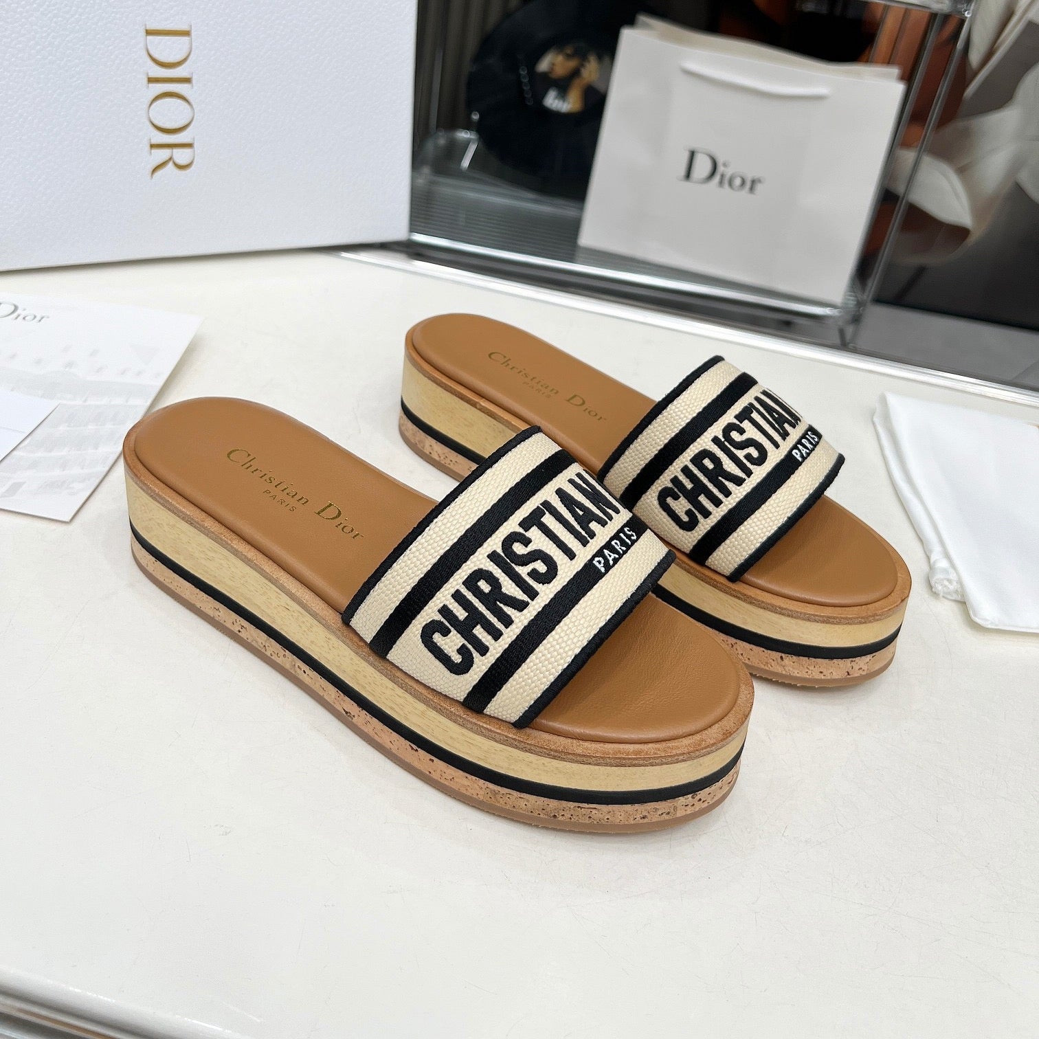 DIOR CD PLATFORM SLIDES IN BEIGE MIX BROWN CANVAS