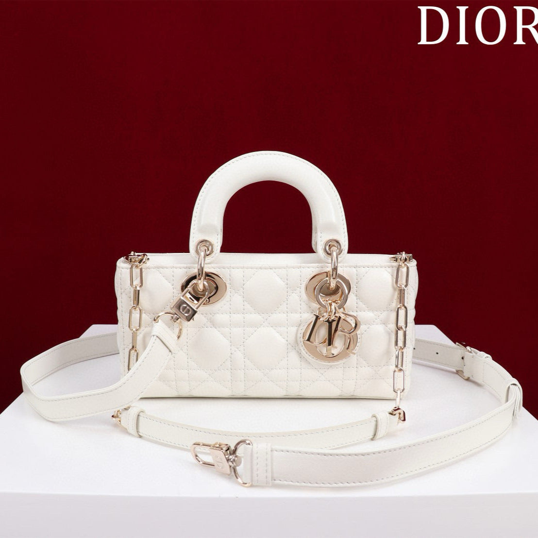 DIOR SMALL LADY D-JOY 22 WHITE LAMBSKIN GOLD HARDWARE