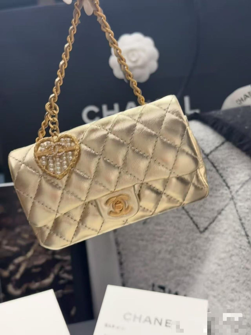 CHANEL CLASSIC FLAP BAG 13 IN GOLD LAMBSKIN WITH PEARL HEART CHARM