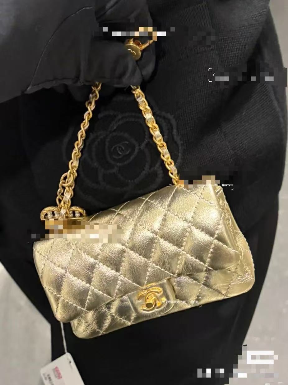 CHANEL CLASSIC FLAP BAG 13 IN GOLD LAMBSKIN WITH PEARL HEART CHARM